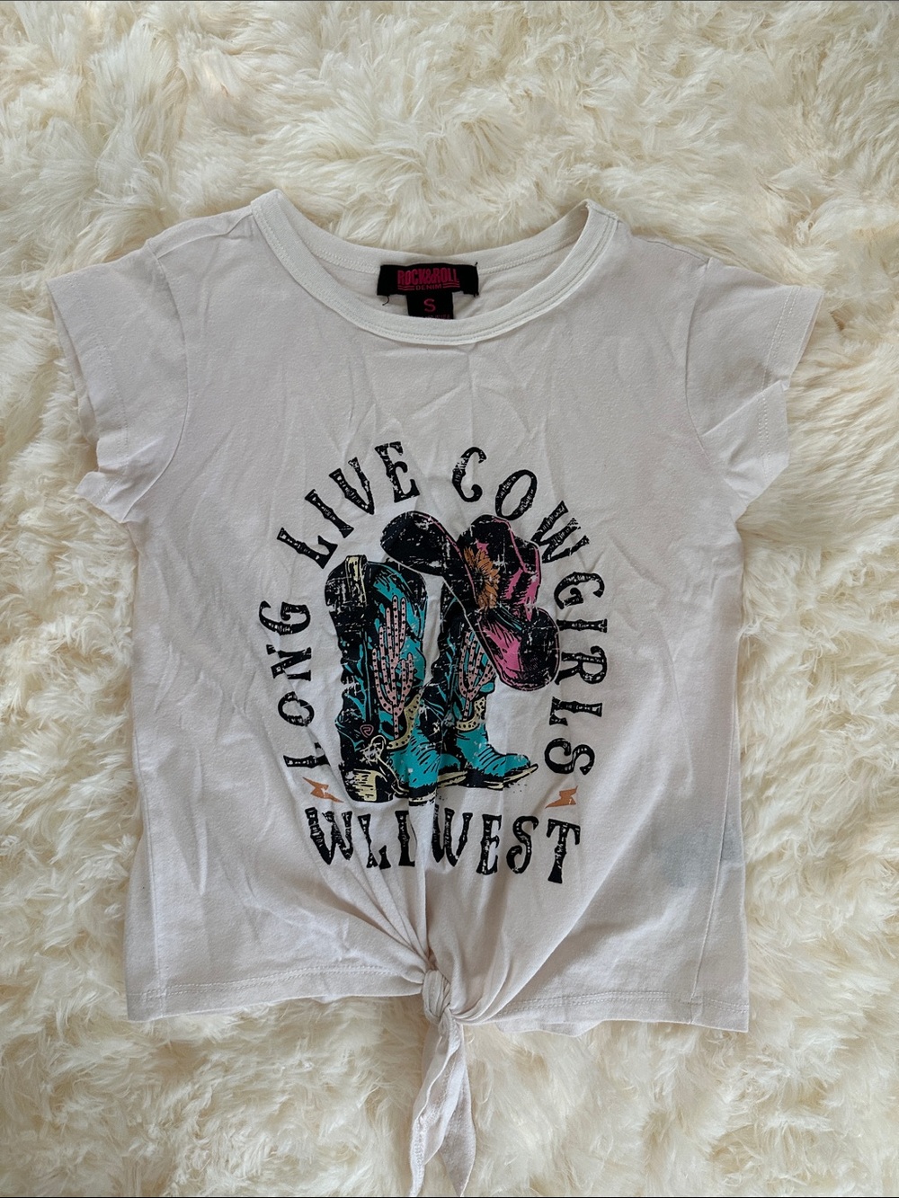 Rock & Roll Cowgirl White Tie-Front Tee with Turquoise & Pink Graphic
